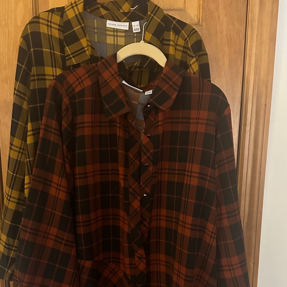 Susan graver plaid a symmetrical blouses rust black yellow black
